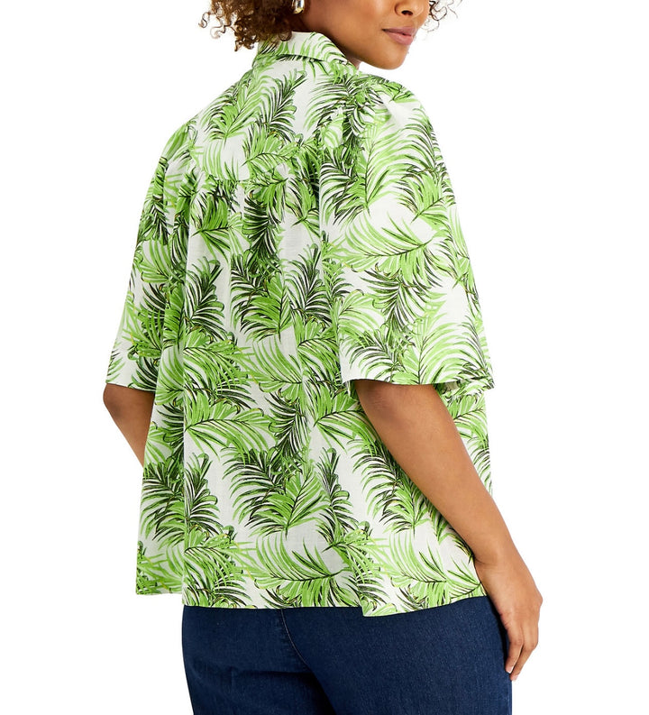 Charter Club Women's Short Sleeve Linen Printed Button-Front Top Size M