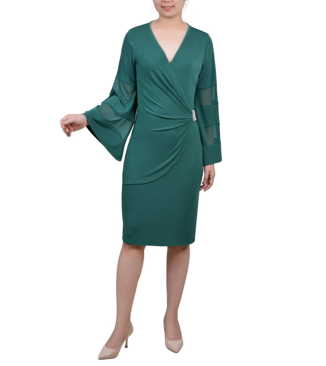 NY Collection Women's Petite Bell Sheer-Sleeve Wrap Dress Emerald Size PM