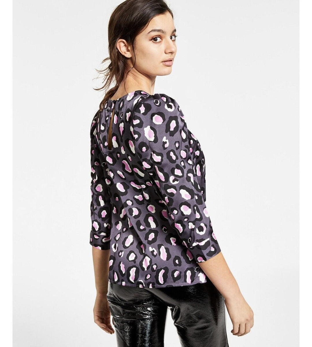 Women's Cheetah-Print 3/4 Puff-Sleeve Top Buttons Scoop Neck