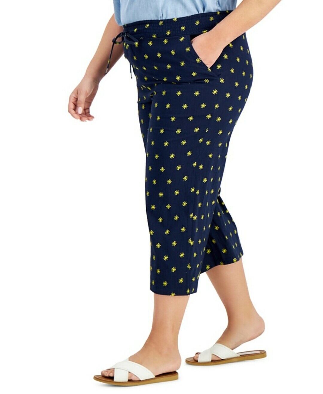 Women's Ankle Pants Sun Stamp Navy Elastic Waist Mid Rise