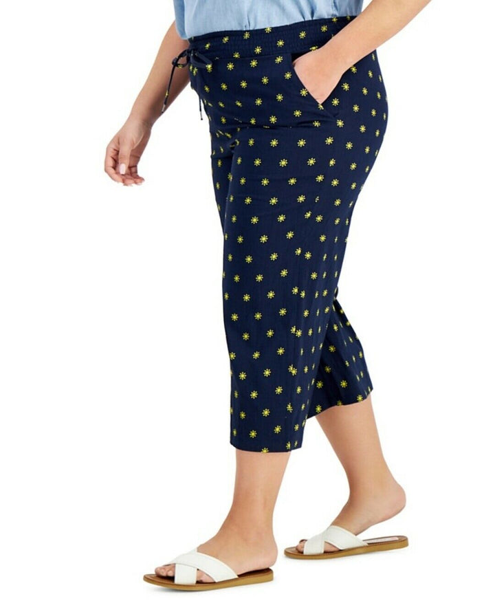 Women's Ankle Pants Sun Stamp Navy Elastic Waist Mid Rise