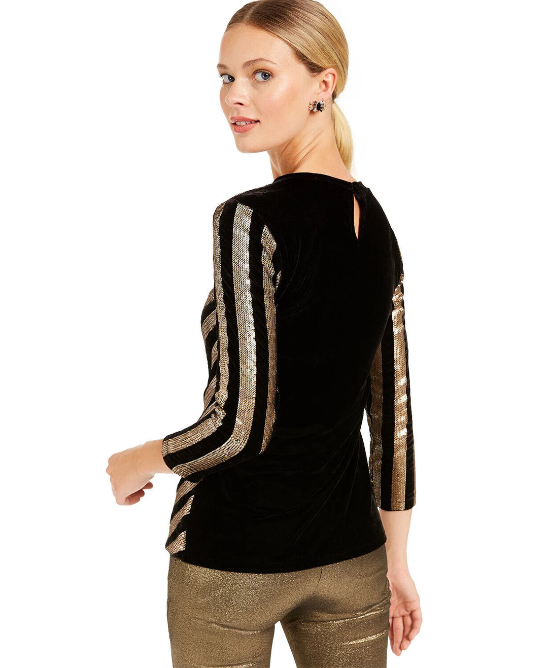 I.n.c. Women's Petite Velvet Sequined Chevron Crew Neck Top Deep Black Size PL