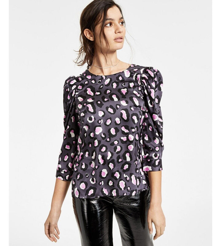 Women's Cheetah-Print 3/4 Puff-Sleeve Top Buttons Scoop Neck