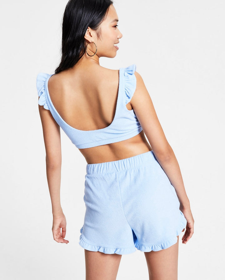 Bar III Women's Scoop Neckline Ruffled Terry Bralette Blue Whisper Size M