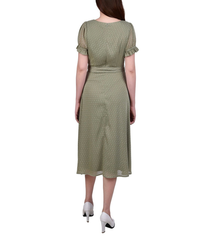 NY Collection Women's Short Sleeve Belted Swiss Dot Dress Petite Size PXL