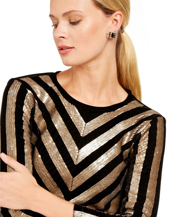 I.n.c. Women's Petite Velvet Sequined Chevron Crew Neck Top Deep Black Size PL