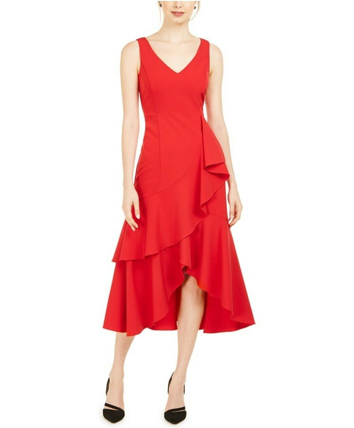 Women's Ruffled High-Low Midi Dress Sleeveless Zip V-Neck