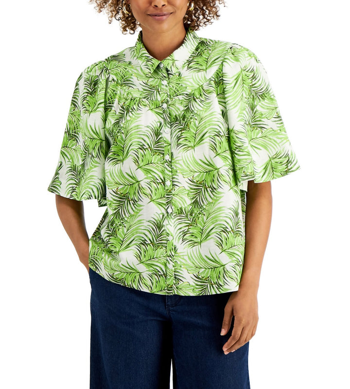 Charter Club Women's Short Sleeve Linen Printed Button-Front Top Size M
