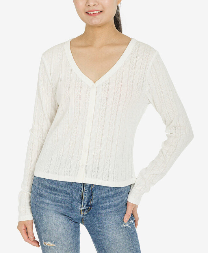 Hippie Rose Juniors' V-Neck Pointelle Long Sleeve Top