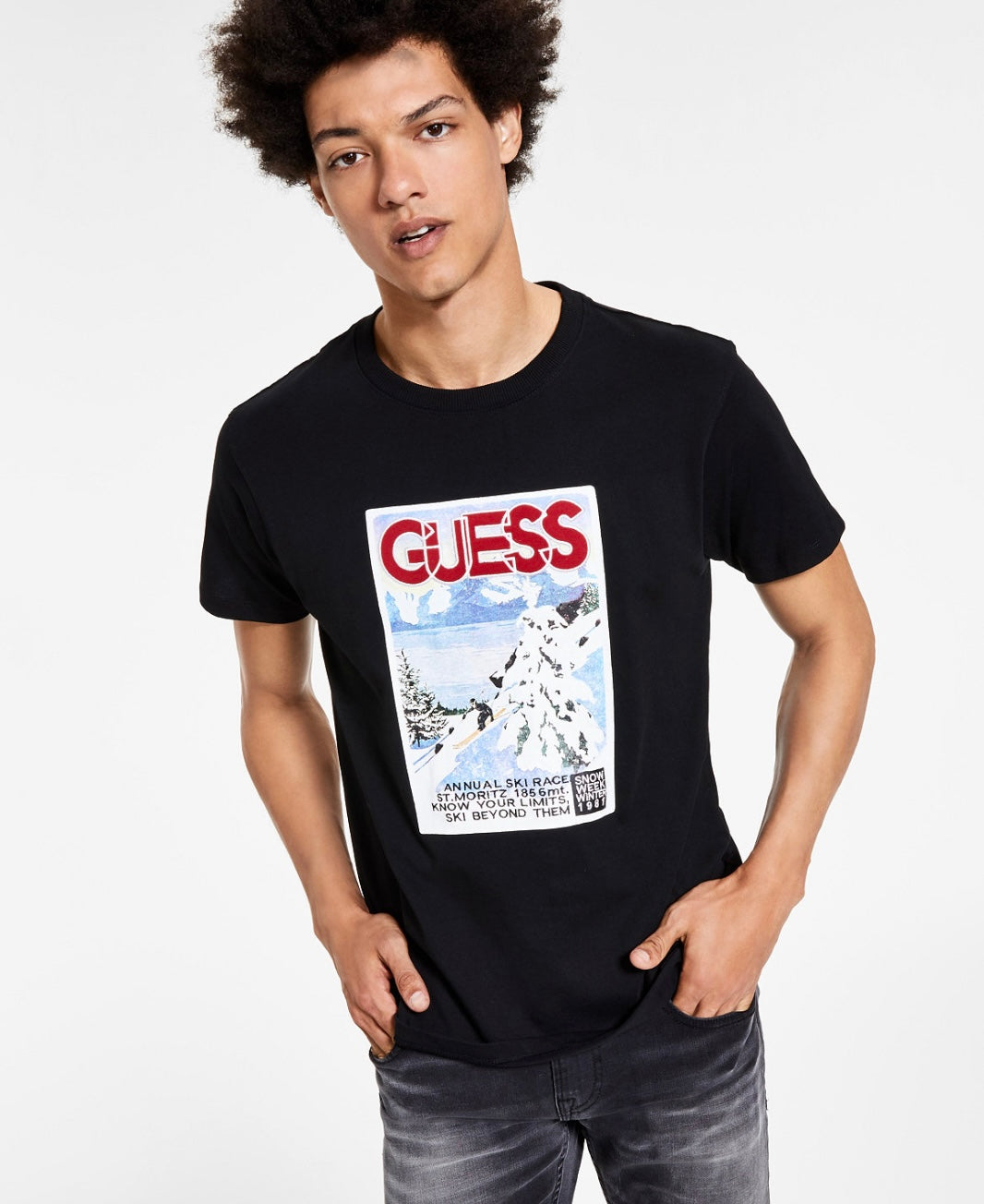 Guess Men's Short Sleeve Round Neck Snow Week Graphic T-Shirt Jet Black Size L