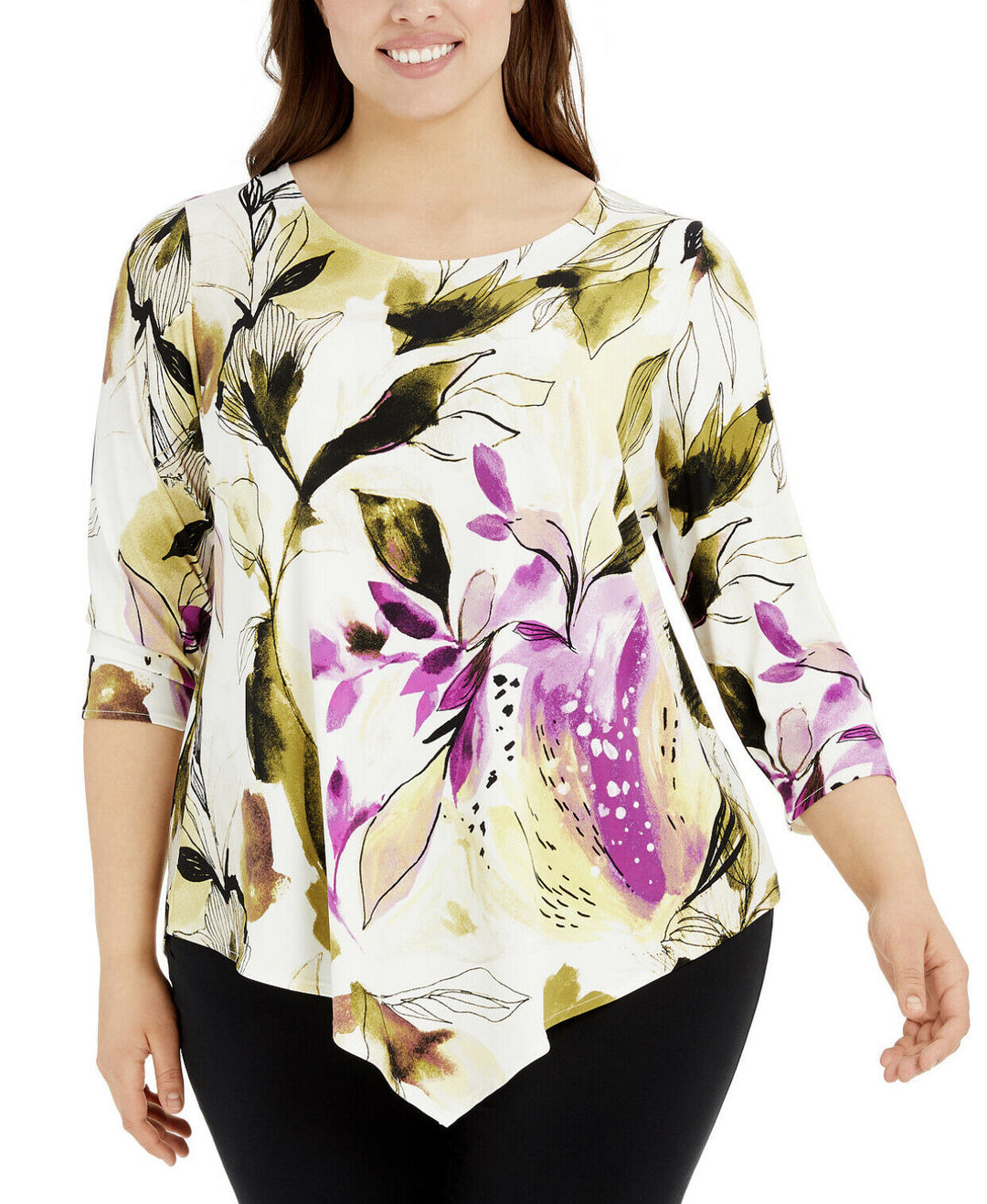 Women's Petite Printed Scoop Neck 3/4 Sleeve Top
