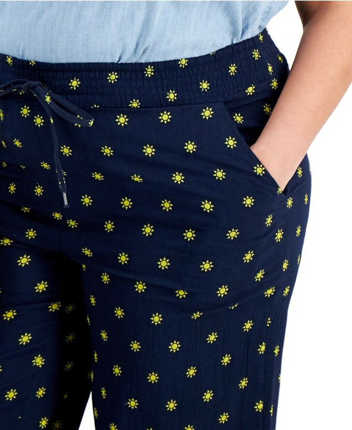 Women's Ankle Pants Sun Stamp Navy Elastic Waist Mid Rise