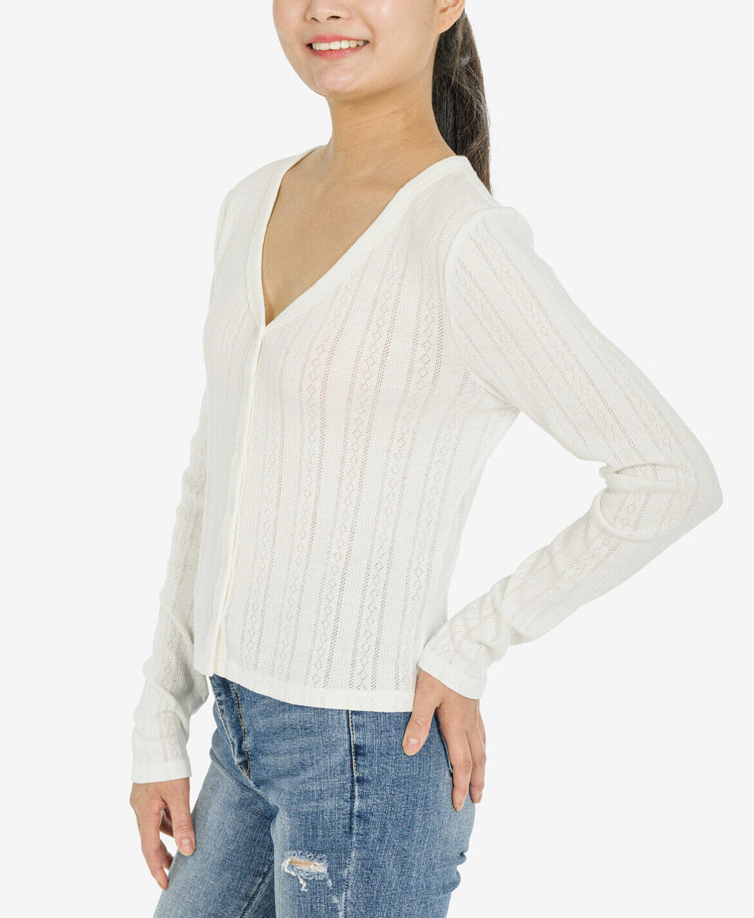 Hippie Rose Juniors' V-Neck Pointelle Long Sleeve Top