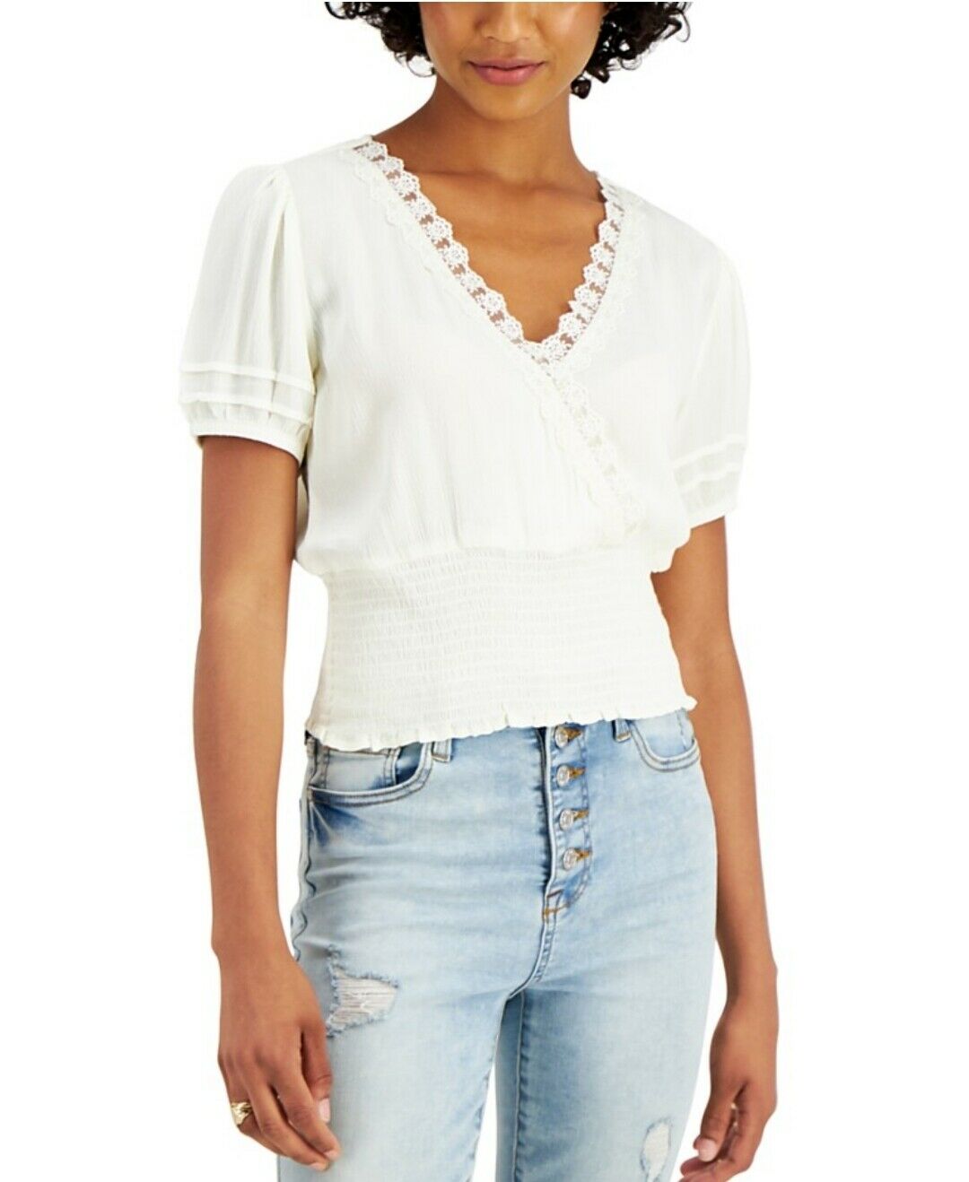 Juniors' Lace-Trim Smocked Top Short Sleeve