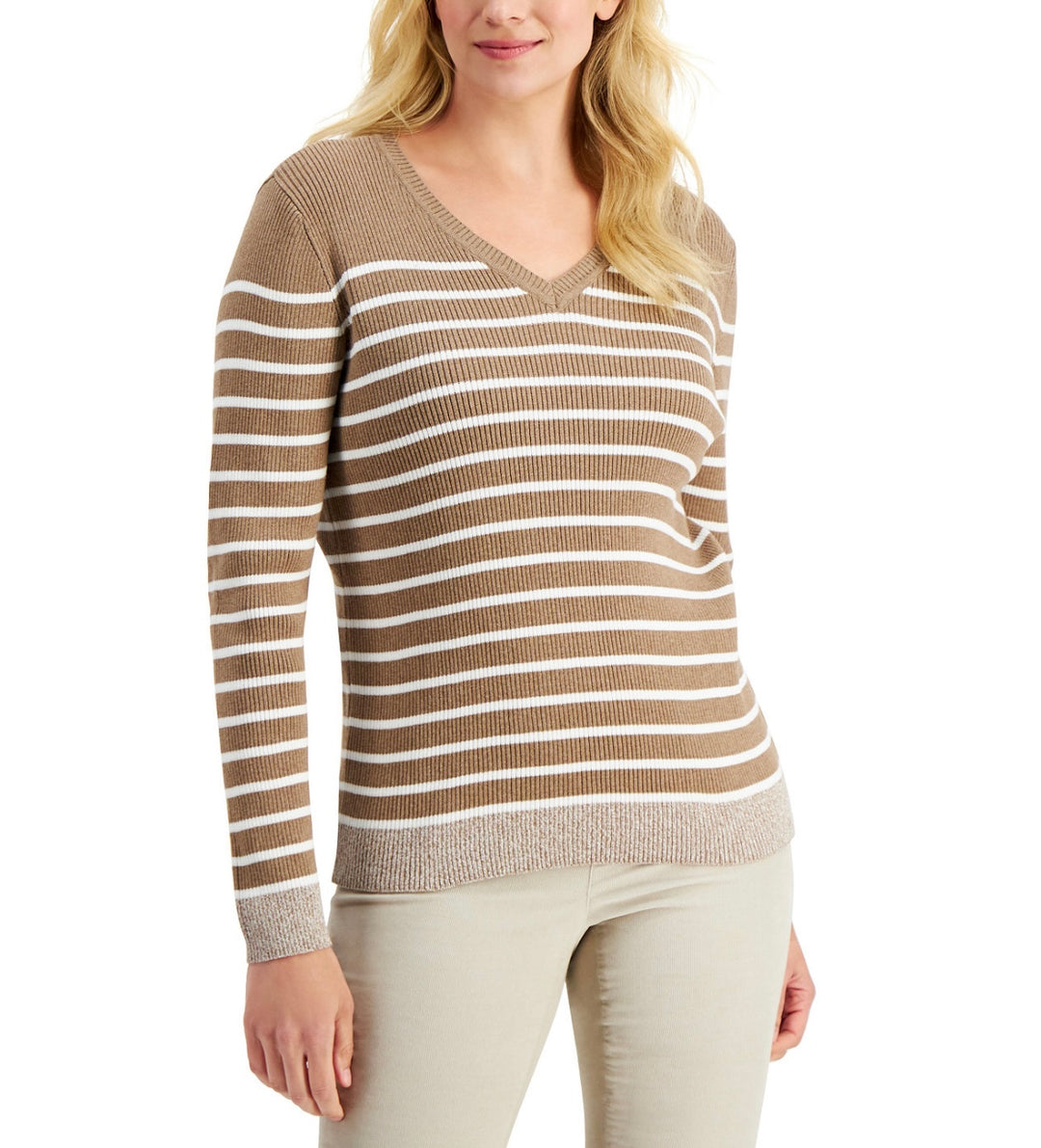 Karen Scott Petite Ribbed V-Neck Sweater Chestnut Heather Size PP