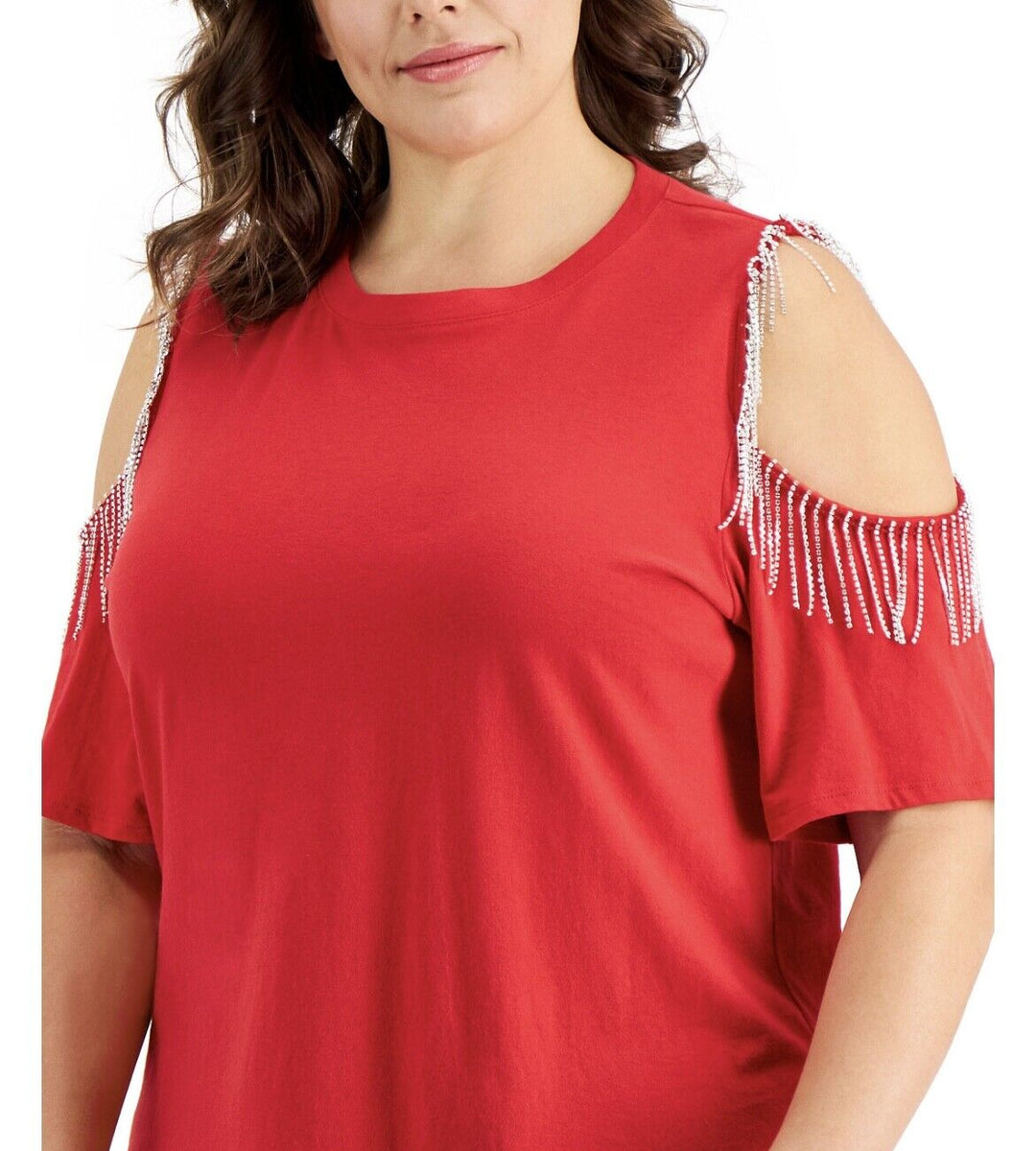 Inc International Concepts Women's Plus Size Rhinestone Fringe Cold-Shoulder Top