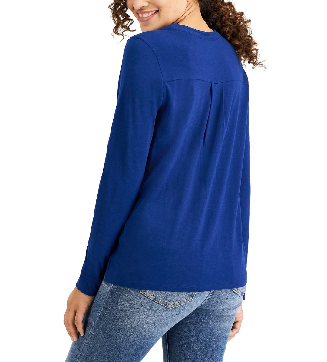 Style & Co. Women's Petite Long Sleeve Crewneck Henley Top Admiral Blue
