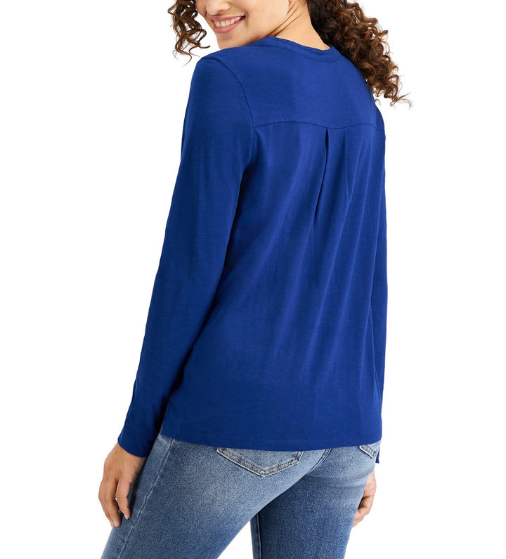 Style & Co. Women's Petite Long Sleeve Crewneck Henley Top Admiral Blue