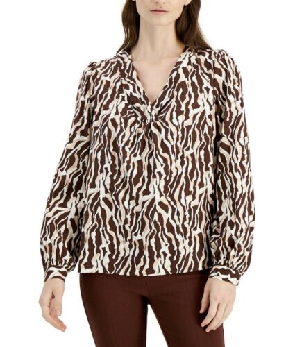 Women's Printed Blouson-Sleeve Top V-Neck Long Sleeve