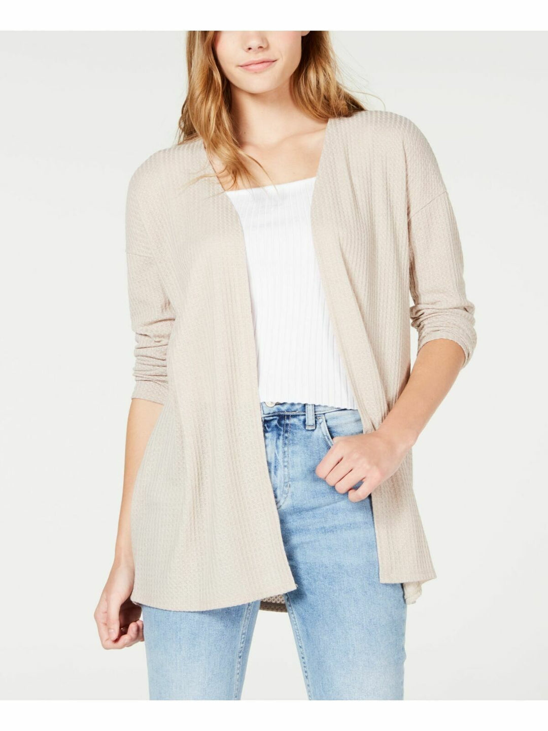 Women's Beige Button Detail Top Long Sleeve Open Cardigan