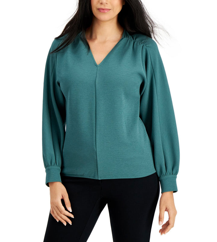 Alfani Women's Petite V-Neck Long Sleeve Knit Top Mallard Green Size PM