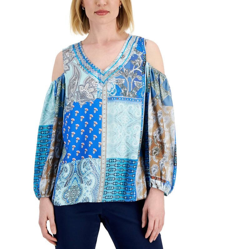 JM Collection Women's Paisley-Print Cold-Shoulder Top Deep Cobalt Size L