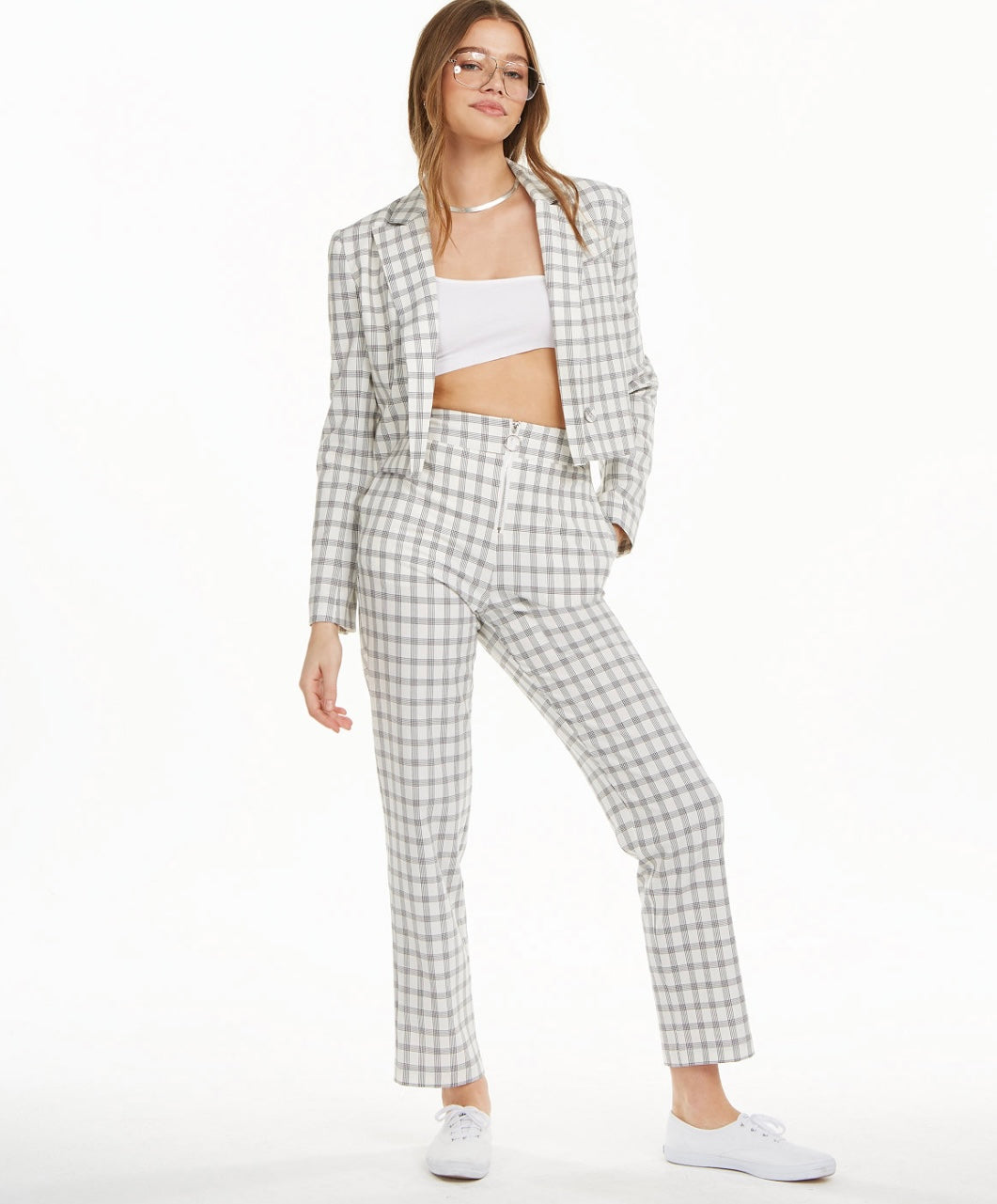 Danielle Bernstein Women's Cropped Suit Separate Open-Front Blazer Ivory Plaid