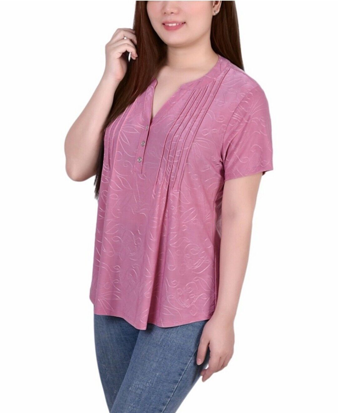 NY COLLECTION Women's Short Sleeve Y-Neck Jacquard Knit Top