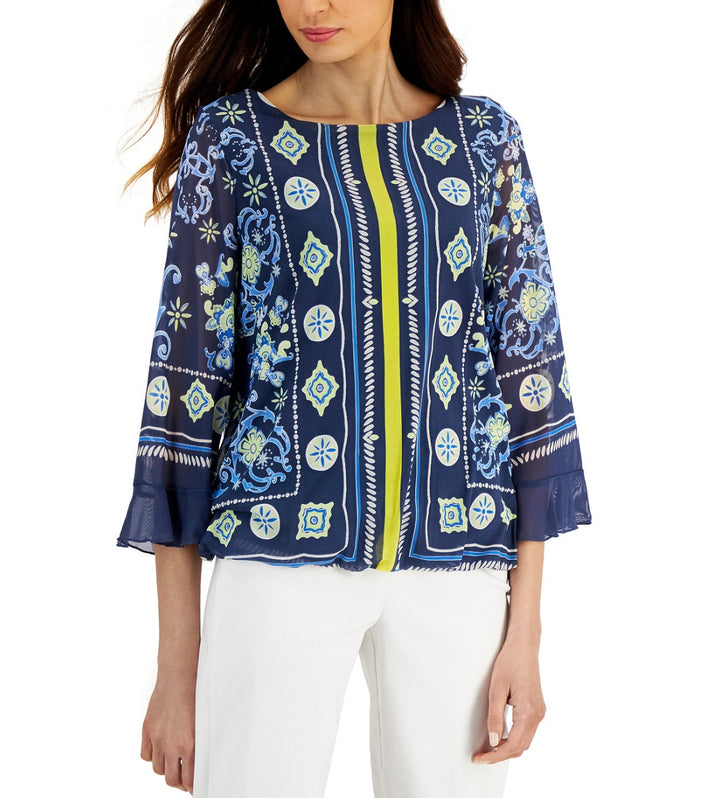 JM Collection Women's Printed Top Intrepid Blue Size S