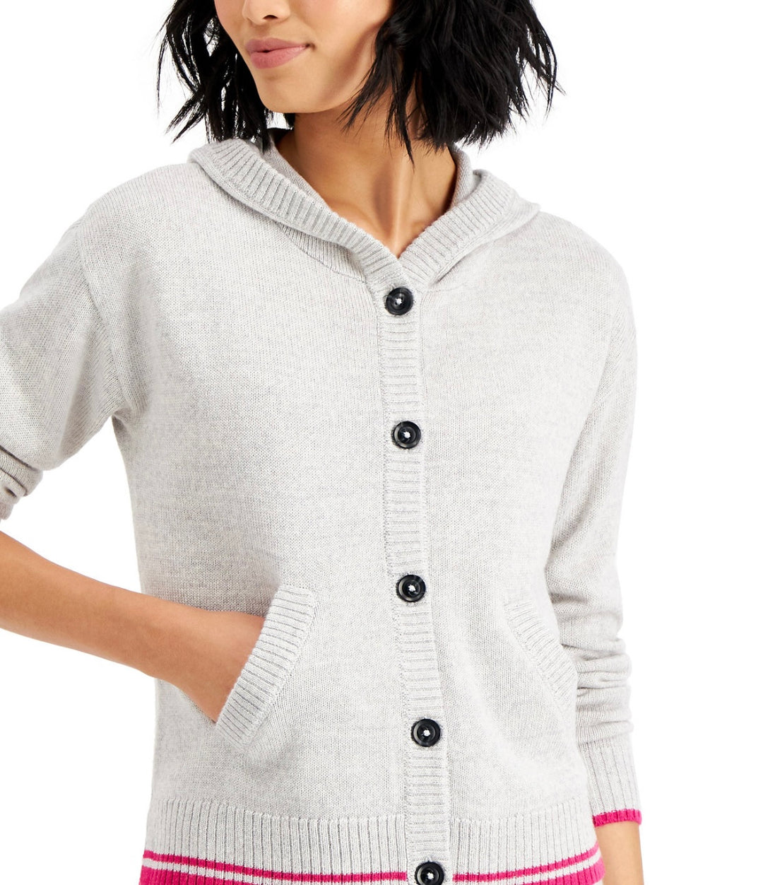 Charter Club Women's Hooded Button-Front Sweater French Grey Size M