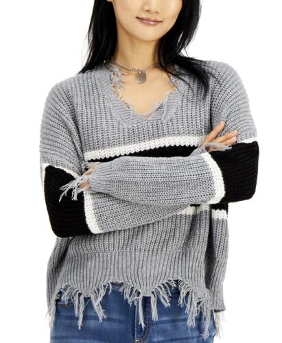 Just Polly Juniors' Striped Destructed V-Neck Sweater Heather Grey Stripe XS