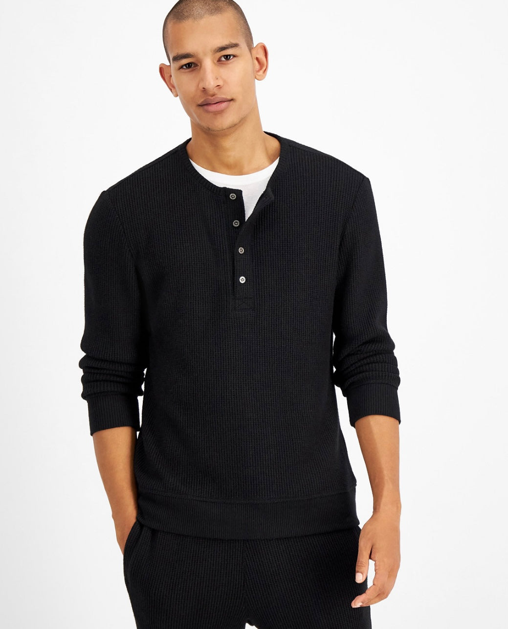 INC International Concepts Men's Solid Waffle-Knit Henley Sweatshirt Size L