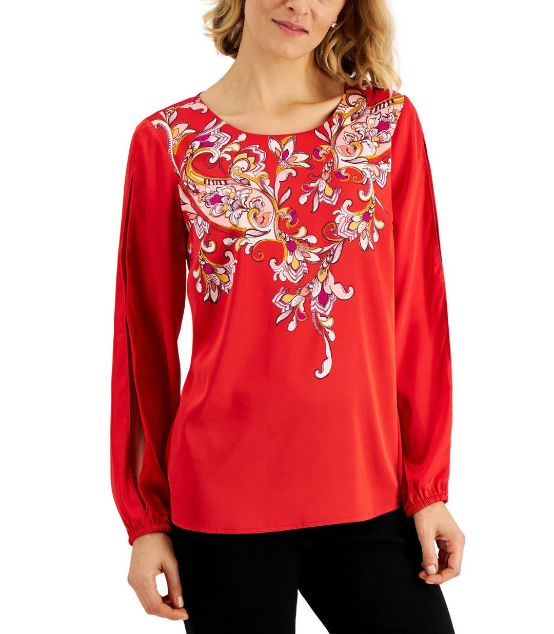 JM Collection Women's Long Sleeve Printed Satin Blouse Real Red Combo Size M