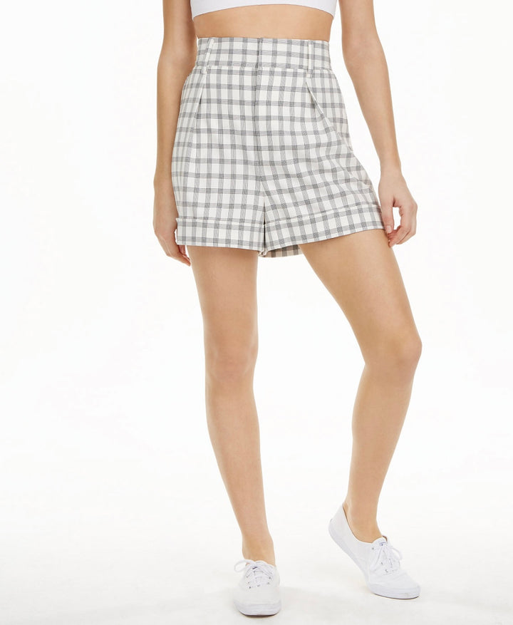 Danielle Bernstein Women's Pockets Pleated Plaid Shorts Ivory