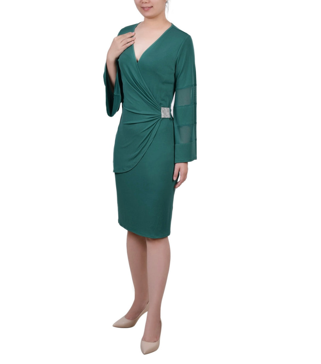 NY Collection Women's Petite Bell Sheer-Sleeve Wrap Dress Emerald Size PM