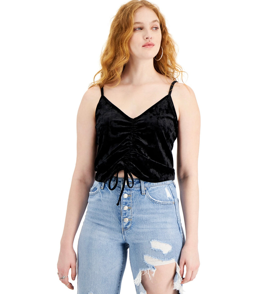 Hippie Rose Juniors' V-Neck Ruched Tie-Hem Camisole Black Size XL