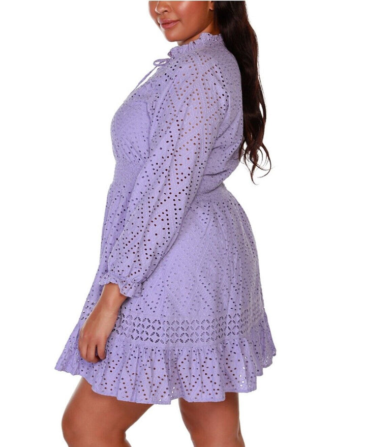 Belldini Women's Plus Size Black Label Long Sleeve Eyelet Ruffle Dress