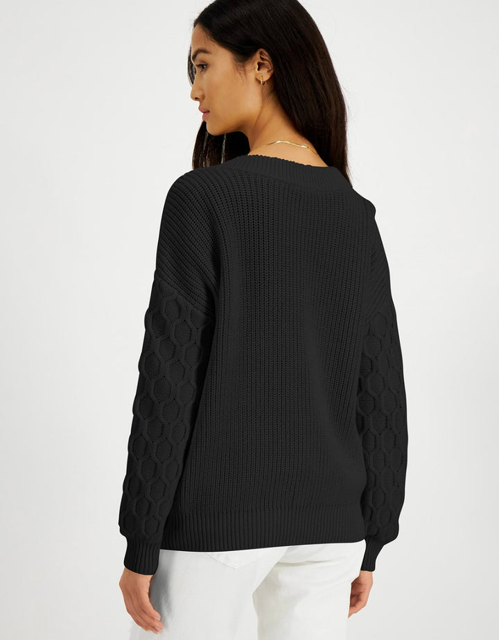INC International Concepts Women's Honeycomb-Sleeve Sweater Deep Black Size S