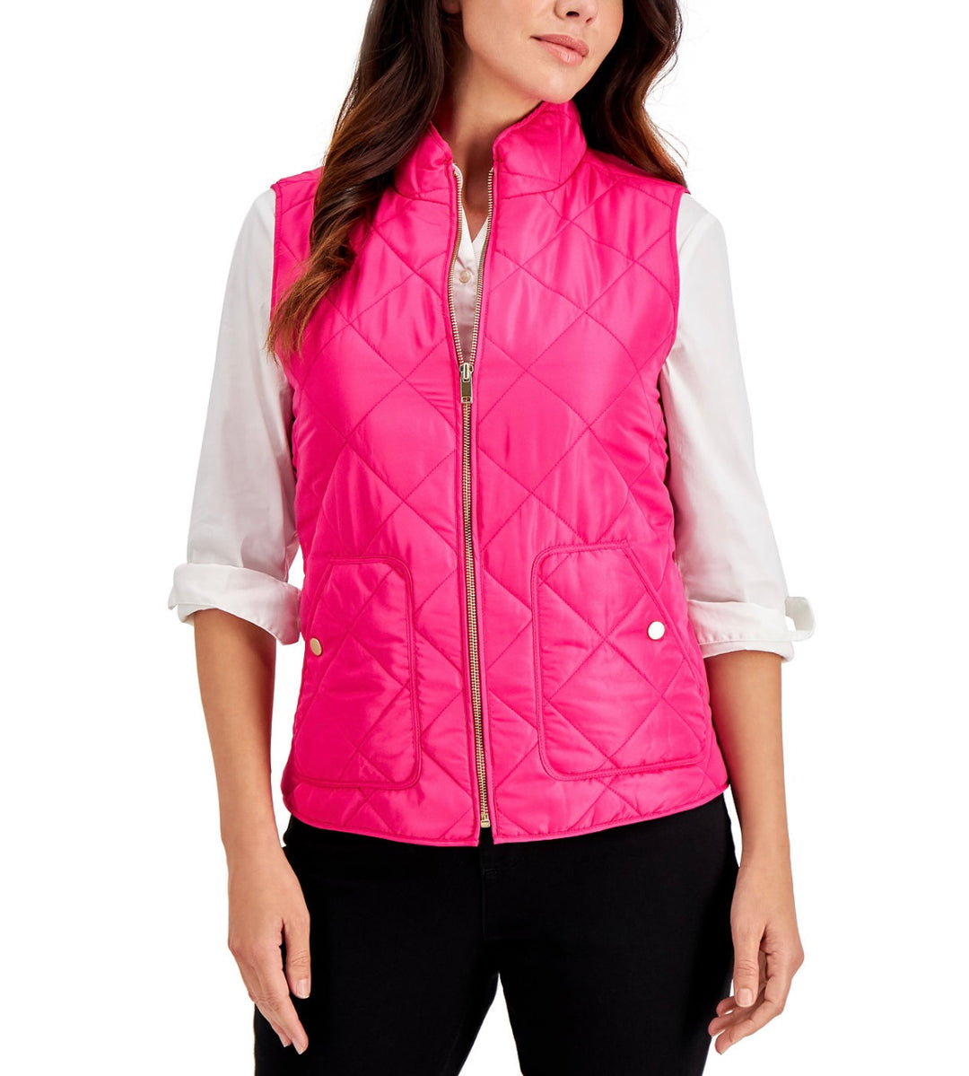 Charter Club Women's Stand Collar Zipper Closure Quilted Vest Berry Cool Size L