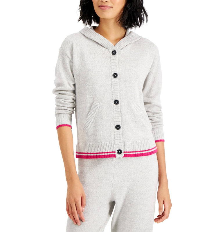 Charter Club Women's Hooded Button-Front Sweater French Grey Size M
