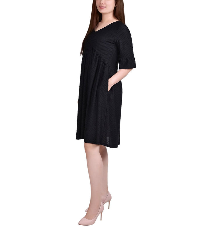 NY Collection Women's Petite Elbow Sleeve Swiss Dot Empire Dress Black Size PS