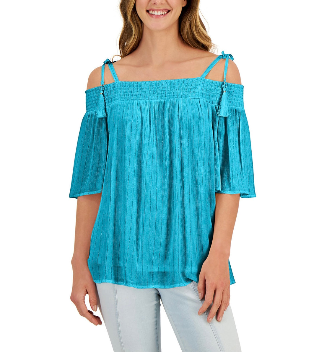 JM Collection Women's Tie-Shoulder Tassel Top Seafoam Blue Petite Size PS