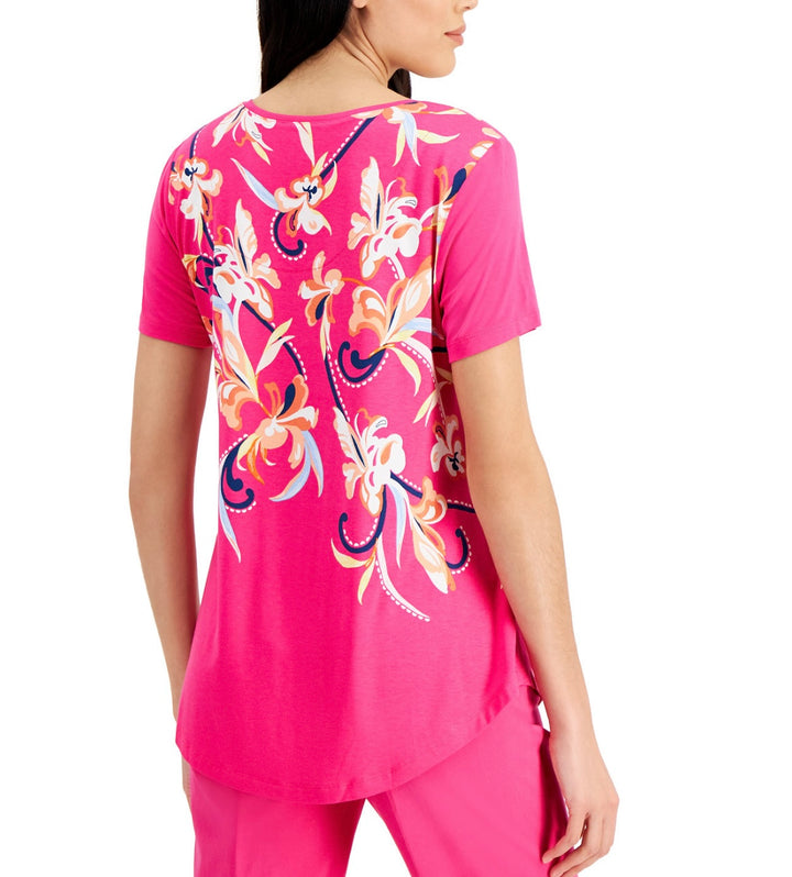 JM Collection Women's Short Sleeve Scoop Neckline Printed Tunic Fuchsia Purple