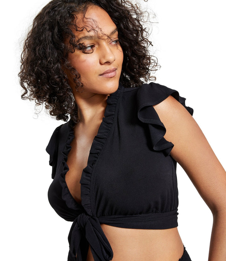 Bar III Women's Ruffled Tie-Front Crop Top Deep Black Size XS