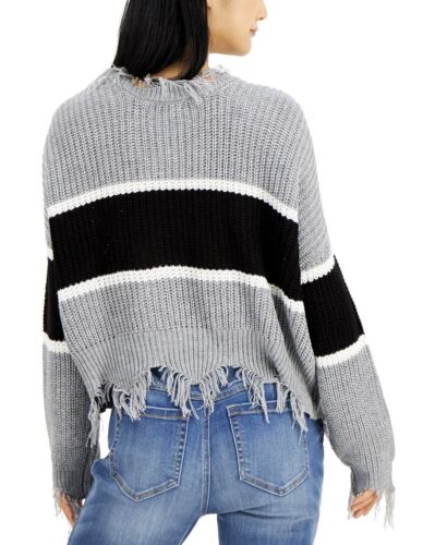 Just Polly Juniors' Striped Destructed V-Neck Sweater Heather Grey Stripe XS