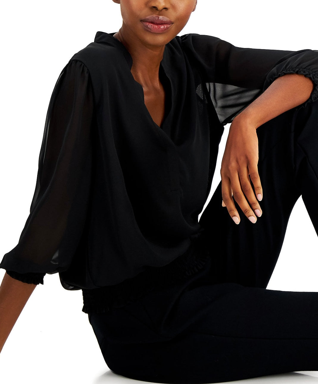 Alfani Women's 3/4 Sleeve Smocked V-Neck Top Black Size S