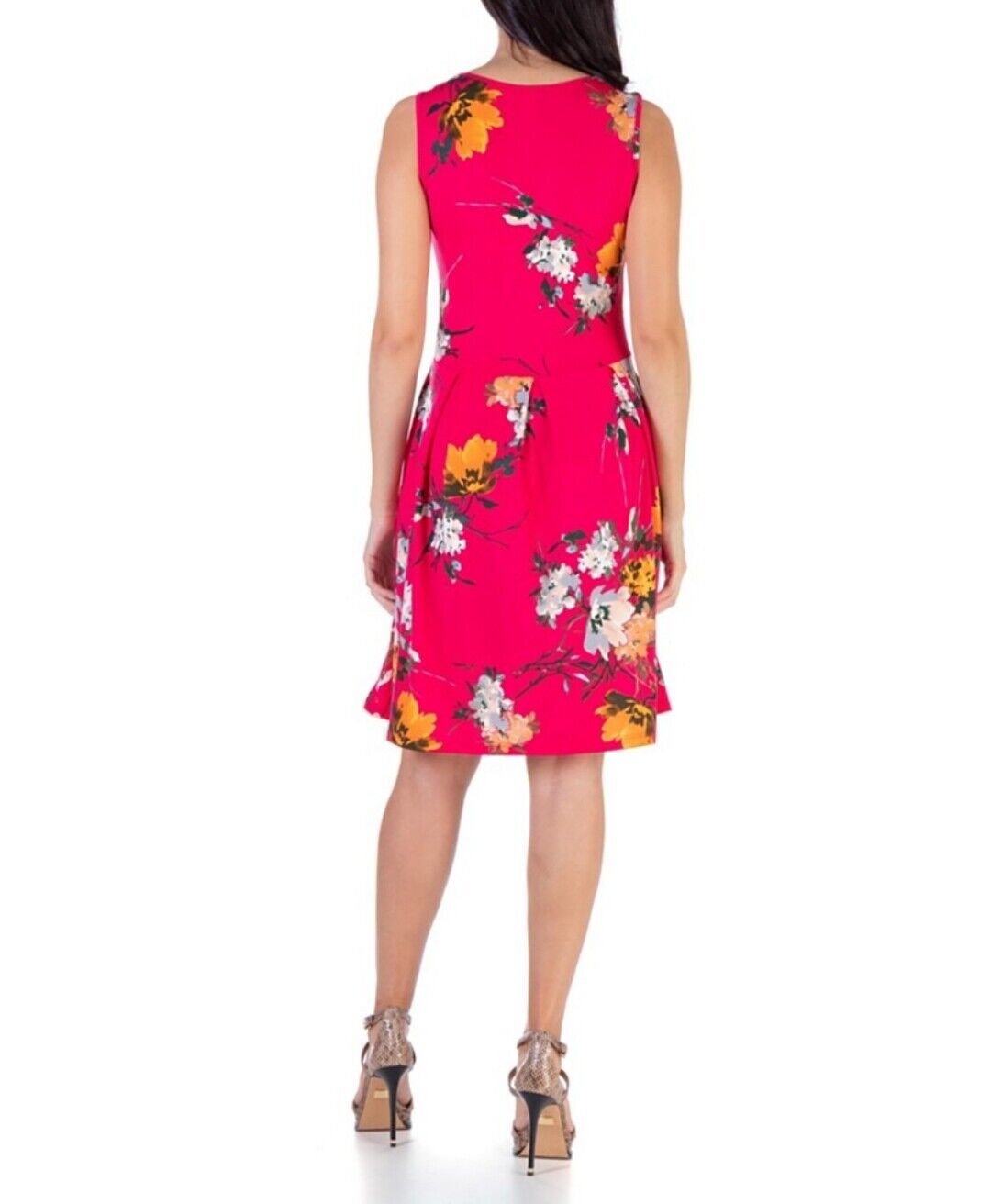 Women's Floral Sleeveless Pleated Knee Length Pocket