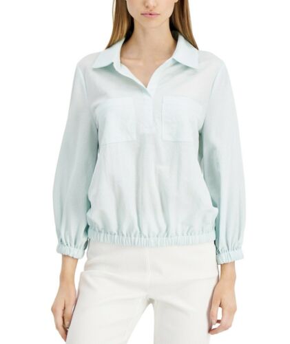 Women's Petite Printed Blouson Top Long Sleeve Pockets