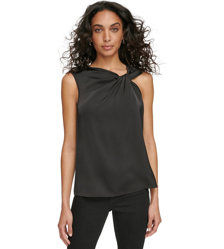 Calvin Klein Women's Twisted-Neck Satin Shift Top Black Size M