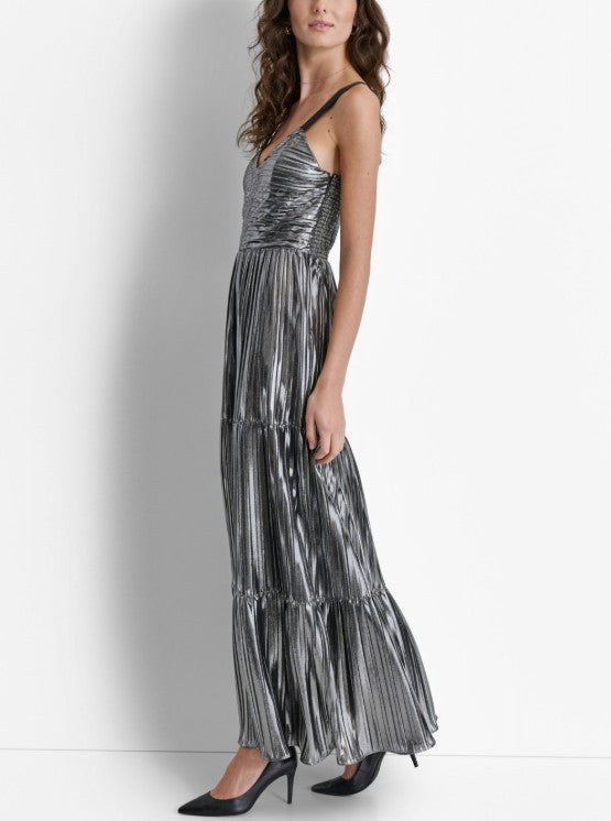 DKNY Women's Foil Plissé V-Neck Sleeveless Maxi Dress Silver Size M